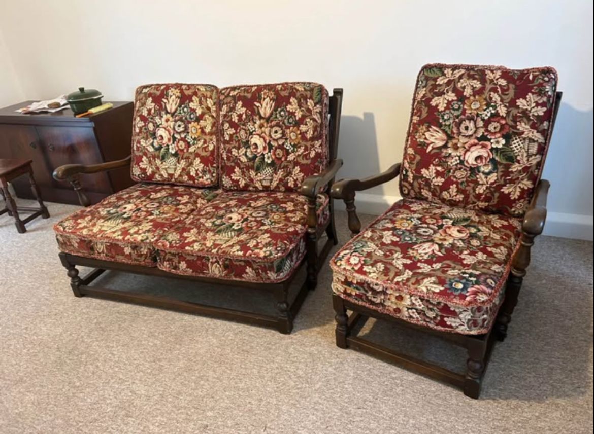 Ercol 1950’s Chair And Sofa Set Floral Fabric photo vintage