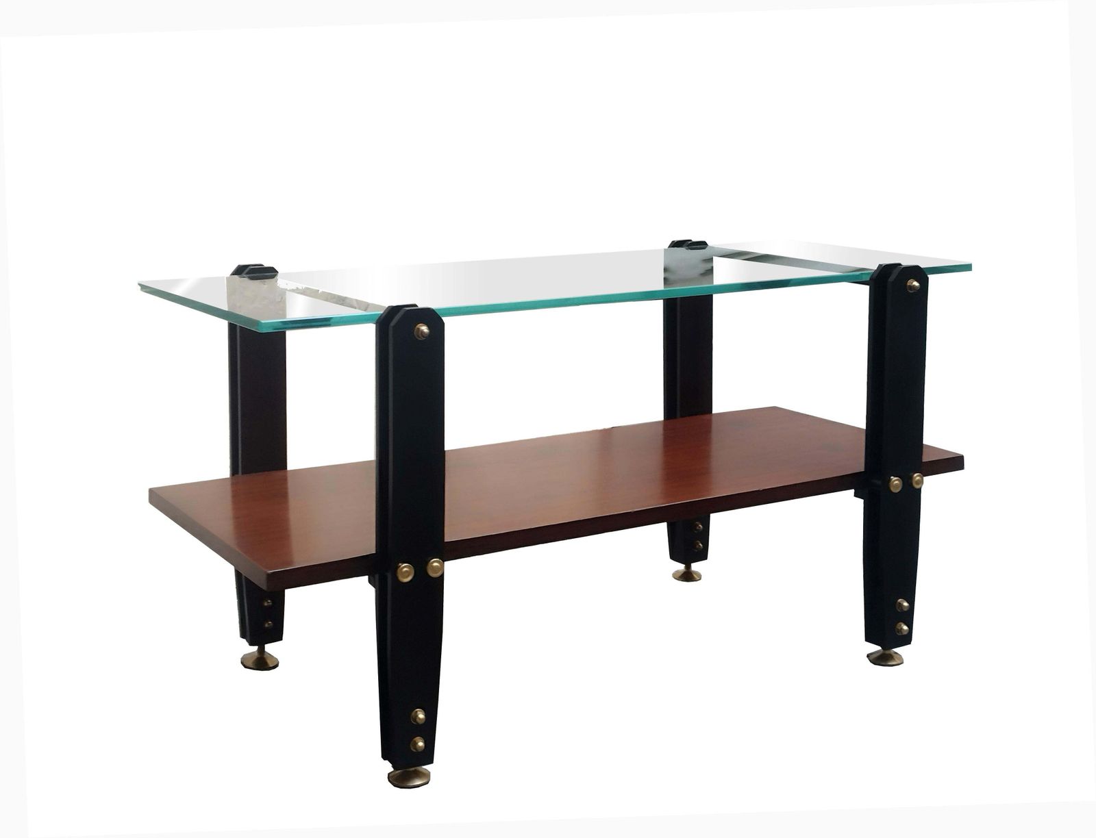 Wood, Metal And Brass Coffee Table, With Glass Top, Italy 1970s photo for sale