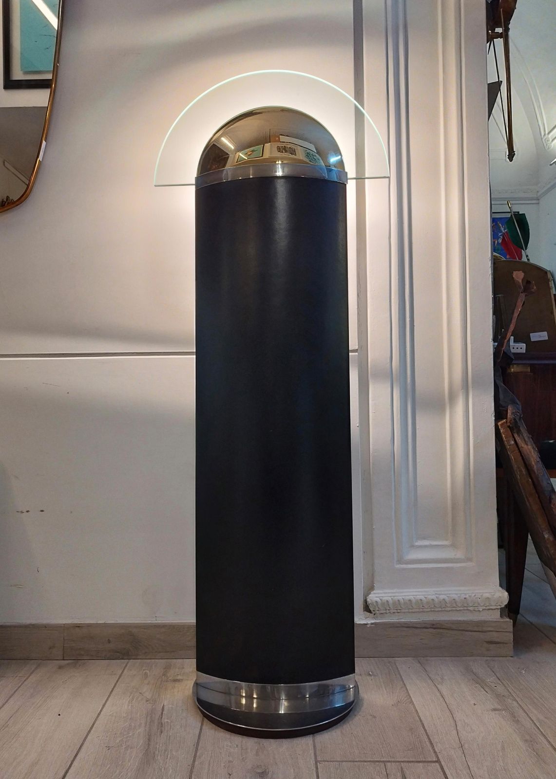 Leather, Brass And Glass Halogen Floor Lamp, Italy, 1980 photo for sale