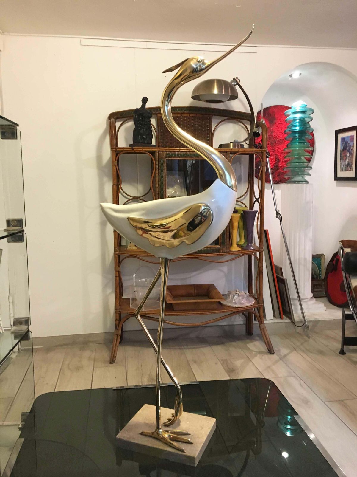 Antonio Pavia Rare Lacquered Wood And Gilded Bronze Heron, Italy 1970s photo Art