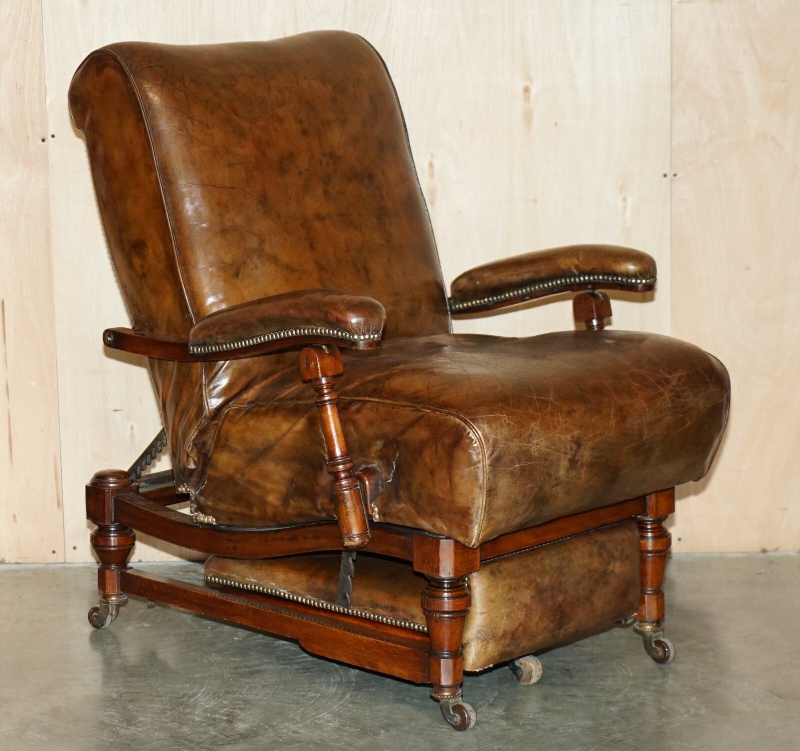Fully Adjustable Restored Antique Victorian Brown Leather Metamorphic Armchair photo furniture