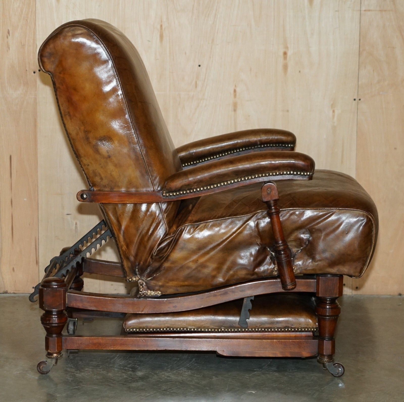 Furniture Fully Adjustable Restored Antique Victorian Brown Leather Metamorphic Armchair photo