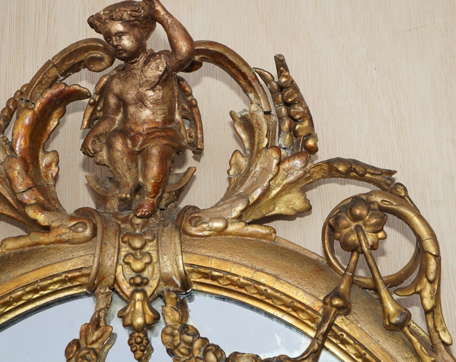 Original Circa 1800 Gold Gilt Frame Girandole Mirror Carved Cherub Putti Angel photo vintage