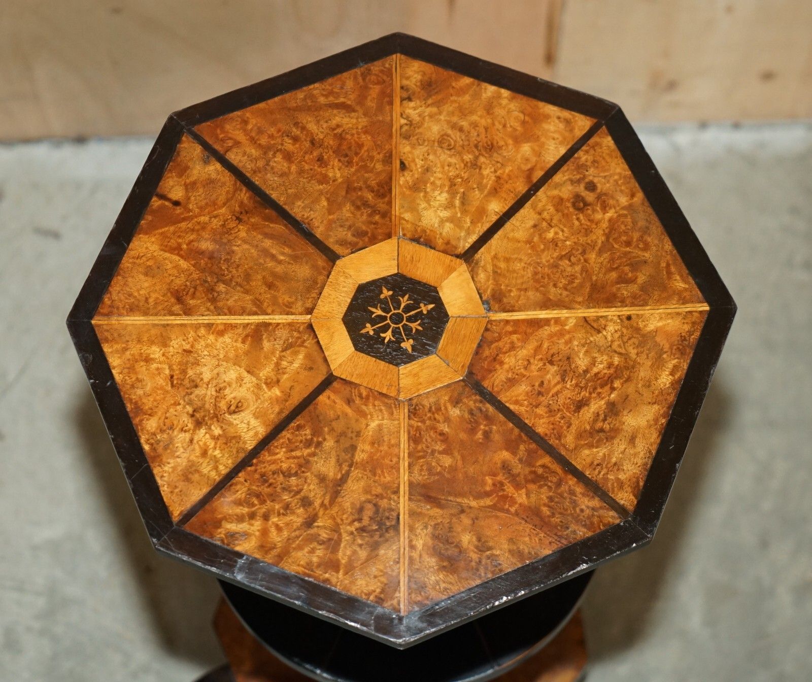Exquisite Antique Victorian Hexagonal Burr Walnut Three Tiered Side End Table photo for sale