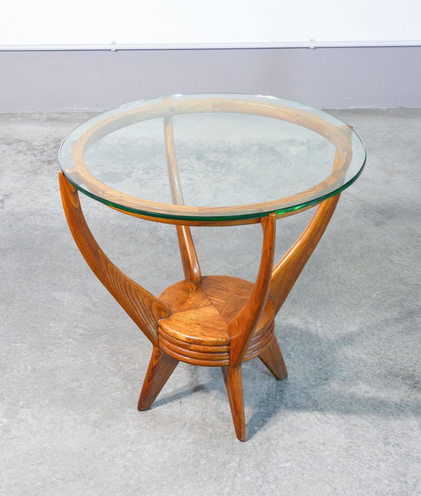 Italian Design Coffee Table From 1940s, Made Of Wood And Circular Glass Top photo for sale