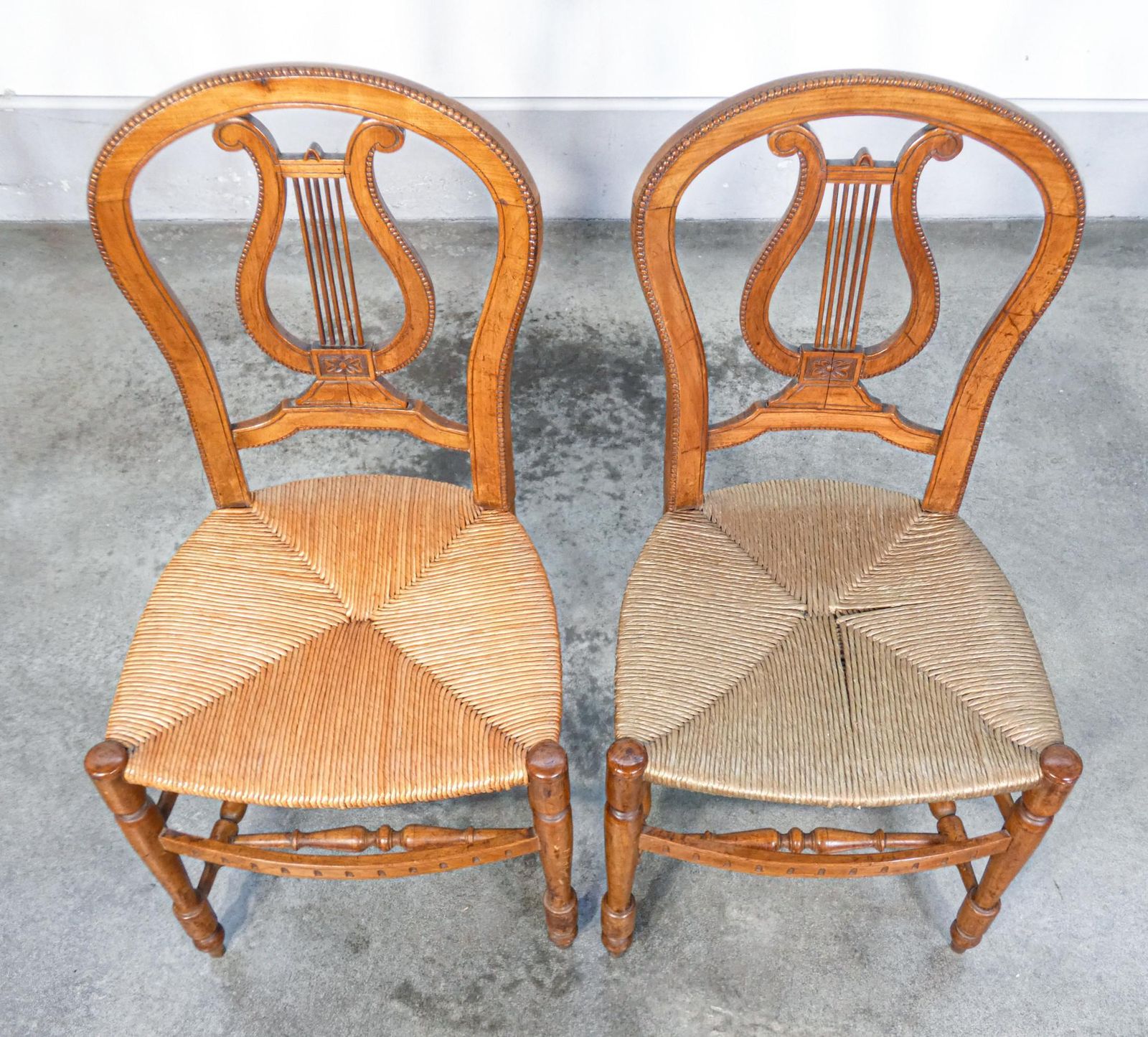 Pair Of Cherry Wood Chairs With Lyre Shaped Back And Straw Seat, Early 20th photo Furniture