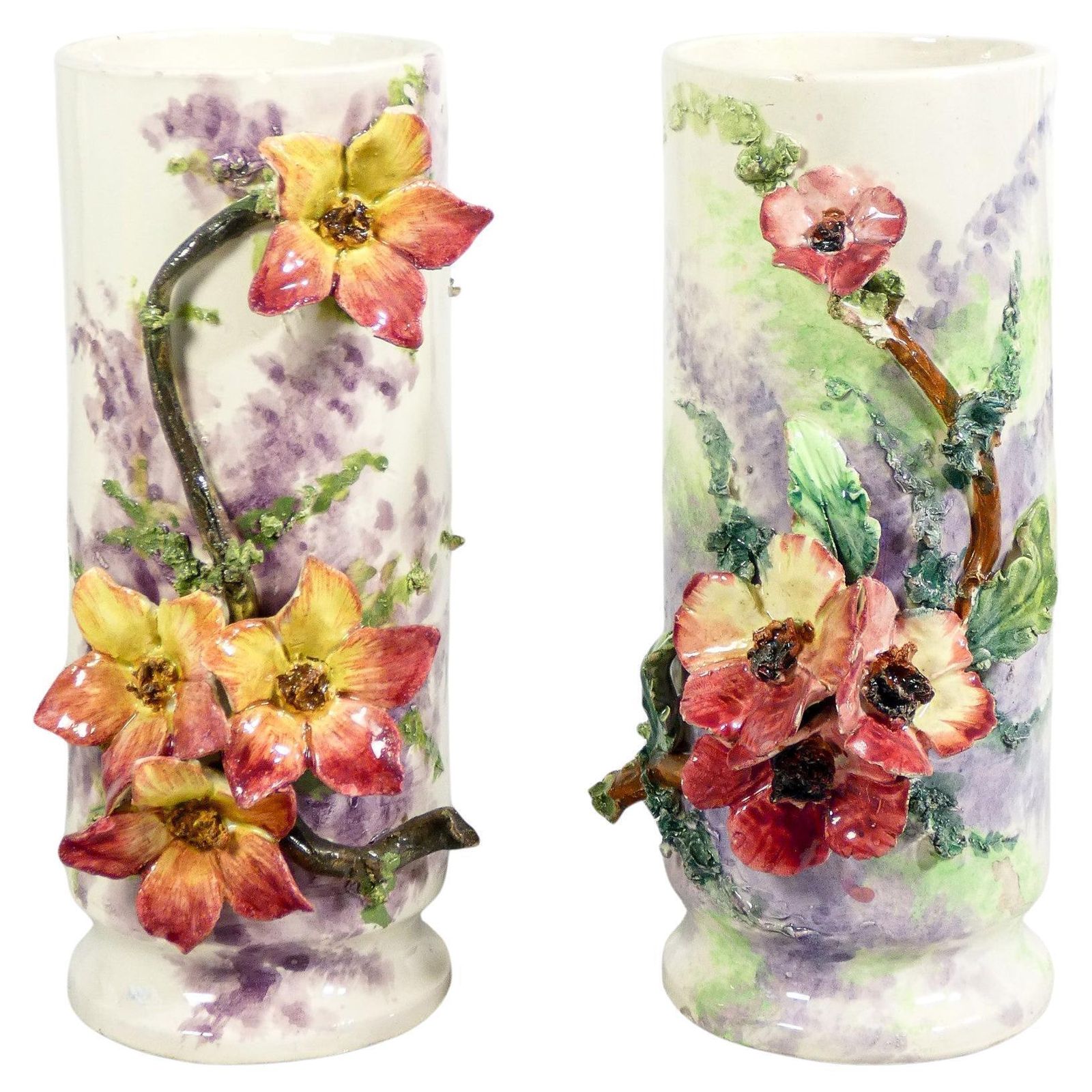 Pair Of Barbotine Ceramic Vases, Decorated With Flowers And Leaves. France, 1930s