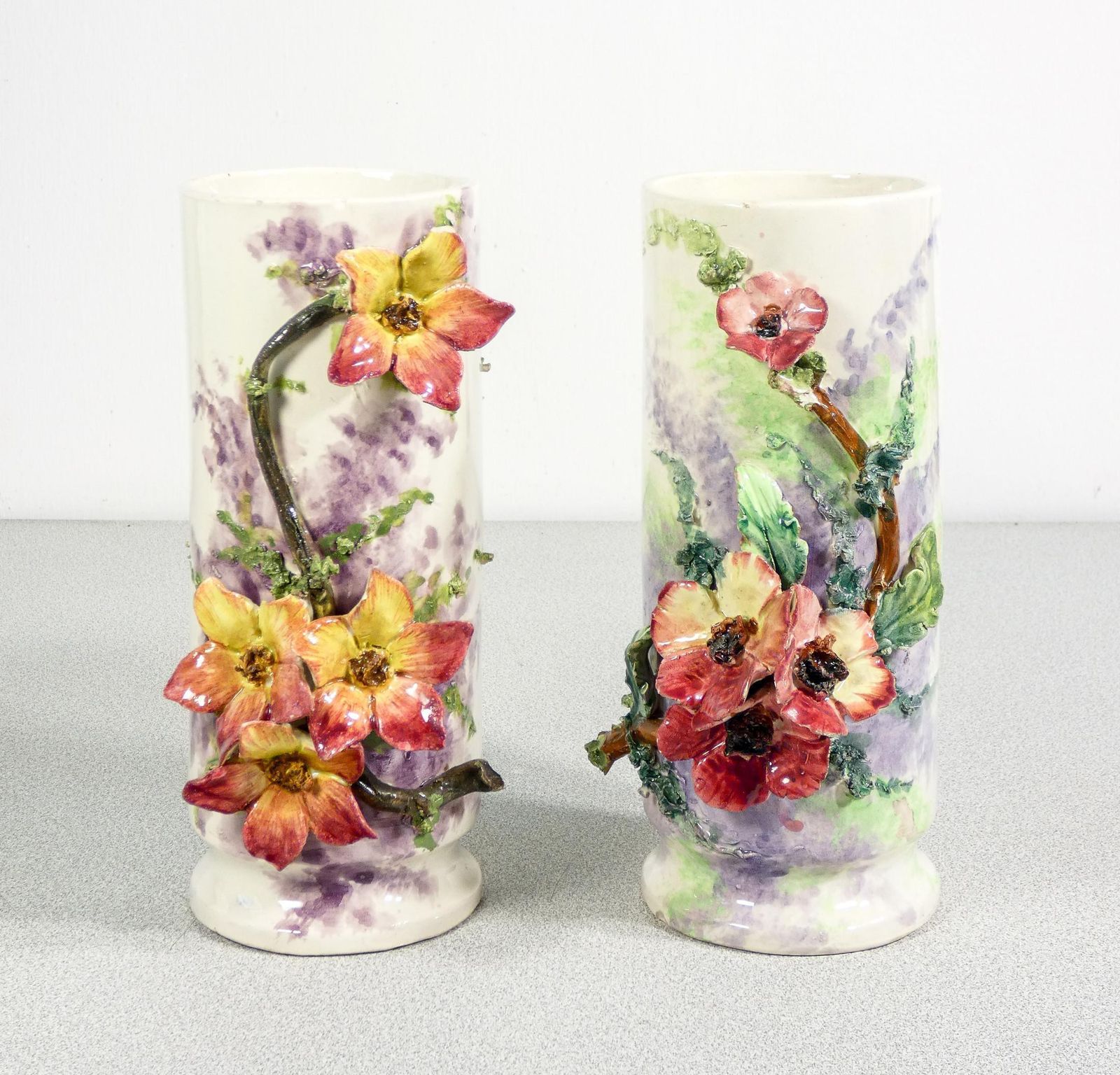 Pair Of Barbotine Ceramic Vases, Decorated With Flowers And Leaves. France, 1930s photo furniture