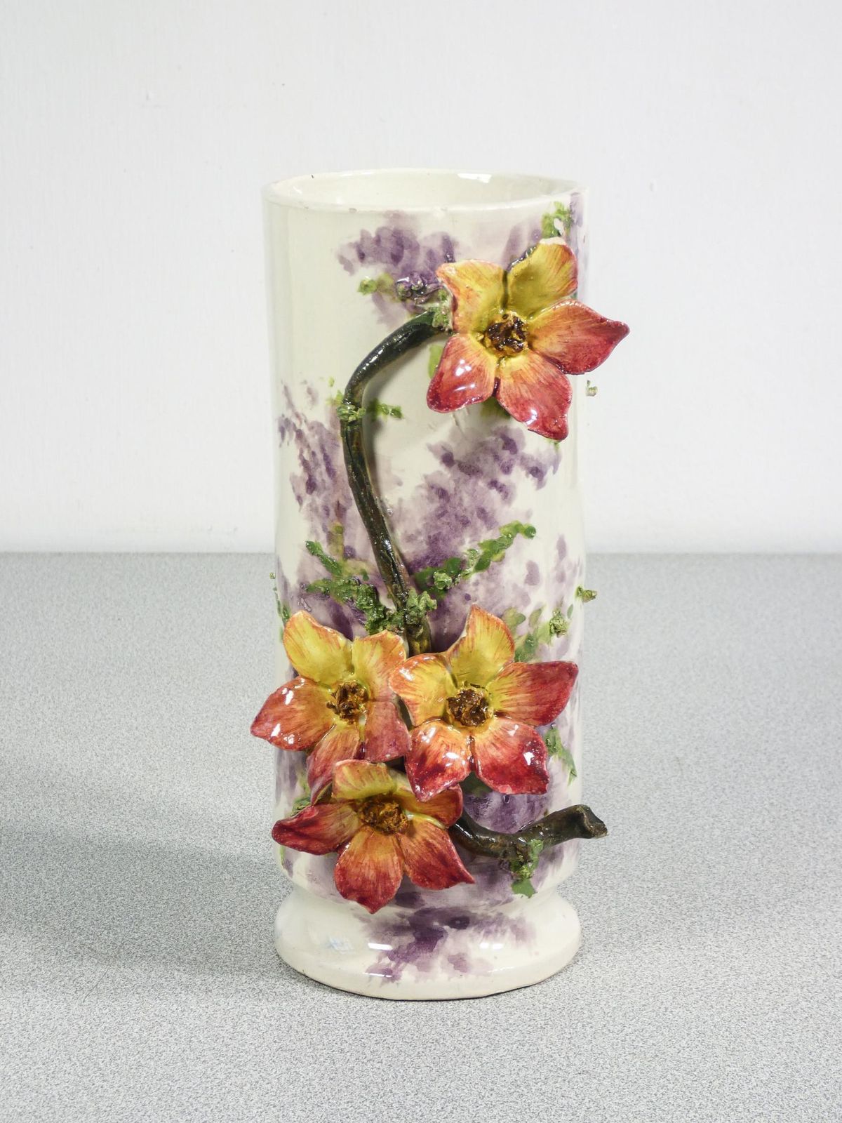 Pair Of Barbotine Ceramic Vases, Decorated With Flowers And Leaves. France, 1930s photo for sale