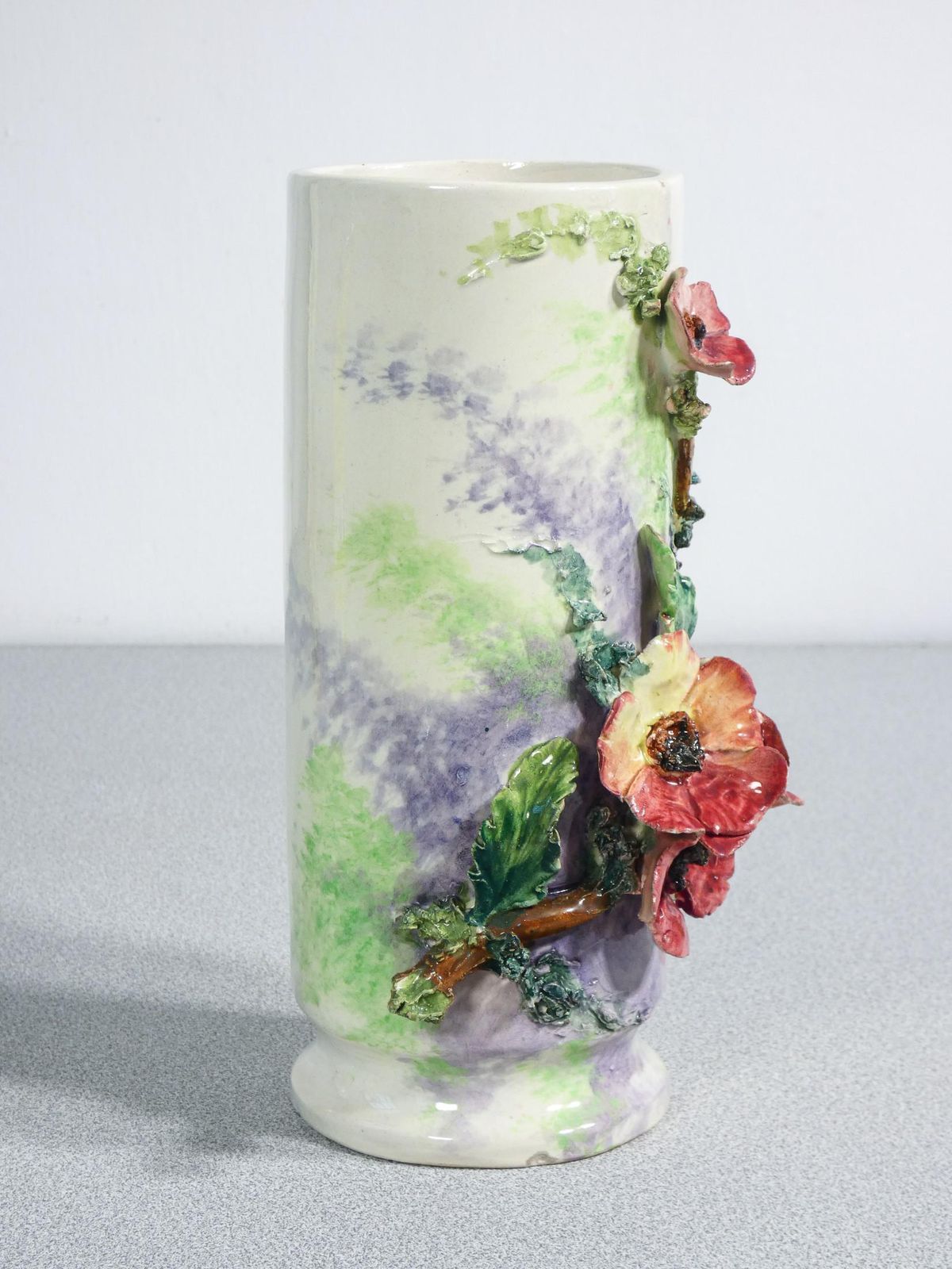 photo for sale Pair Of Barbotine Ceramic Vases, Decorated With Flowers And Leaves. France, 1930s