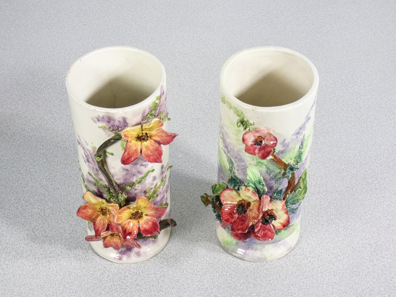 307.0 Pair Of Barbotine Ceramic Vases, Decorated With Flowers And Leaves. France, 1930s photo