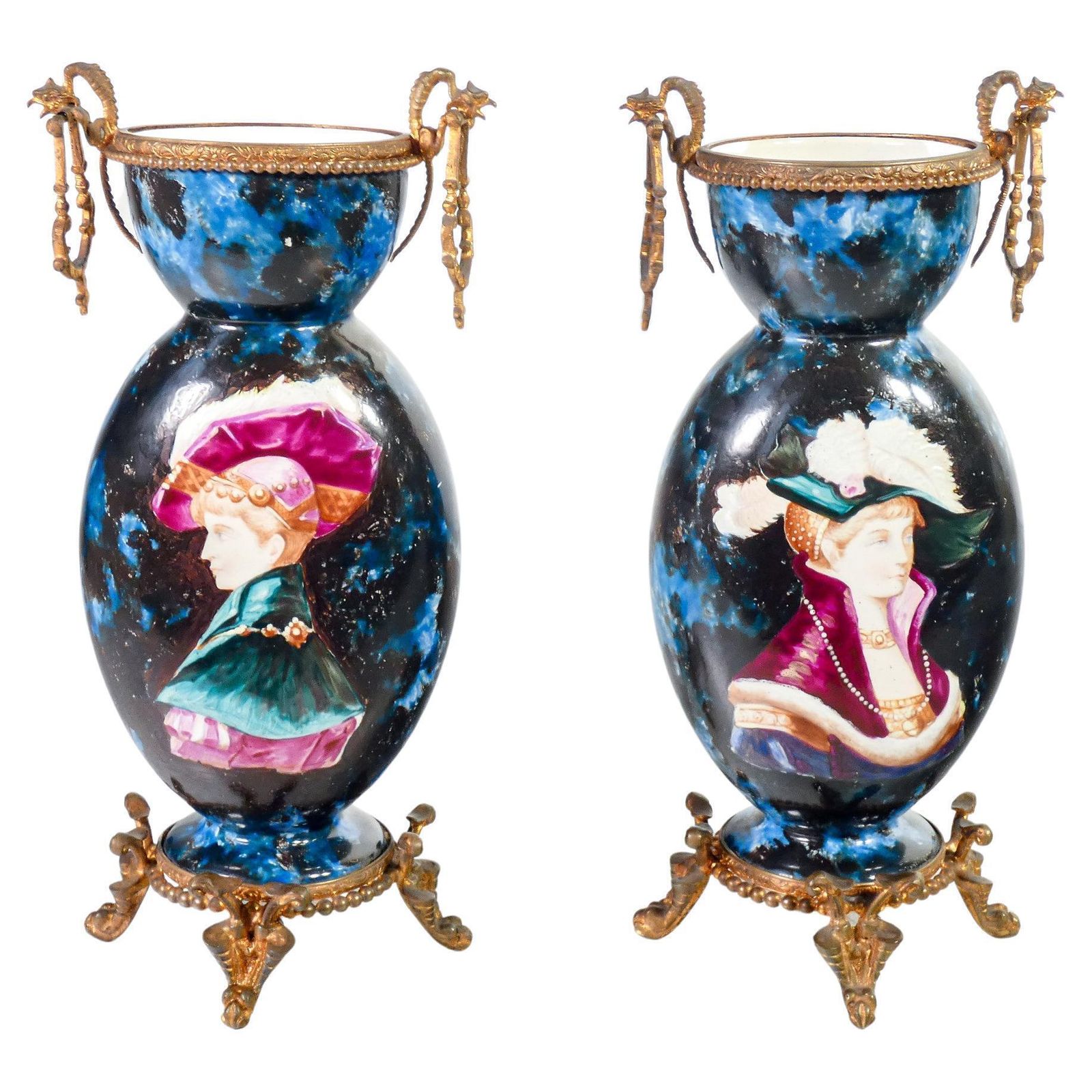 Pair Of Glazed And Hand Painted Ceramic And Bronze Vases. Late 19th Century