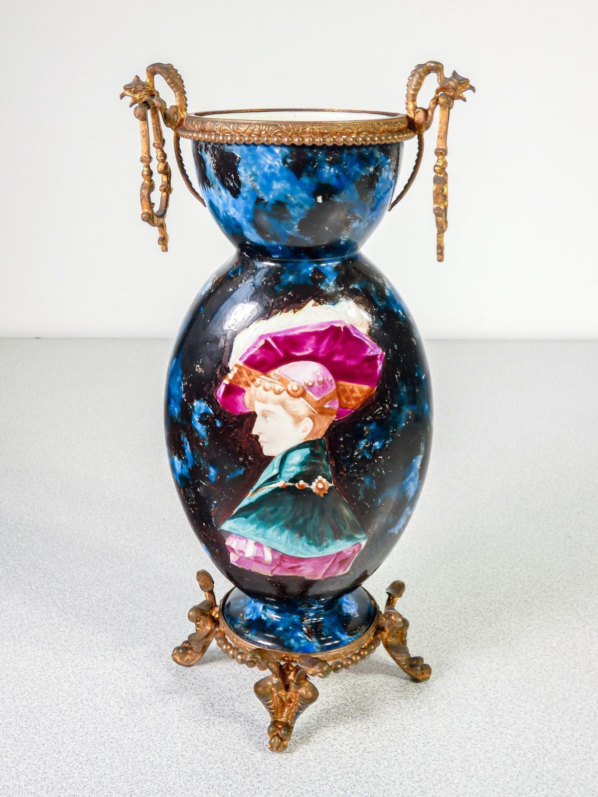 Pair Of Glazed And Hand Painted Ceramic And Bronze Vases. Late 19th Century photo for sale