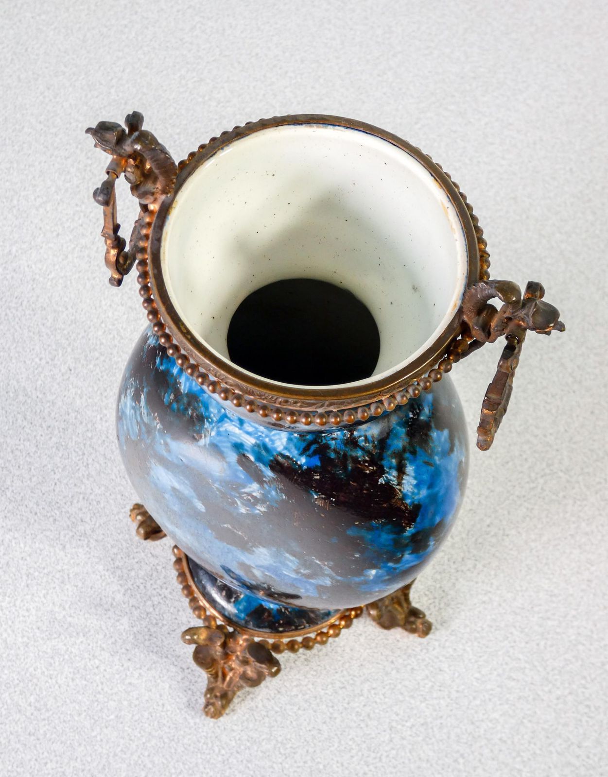 photo for sale Pair Of Glazed And Hand Painted Ceramic And Bronze Vases. Late 19th Century