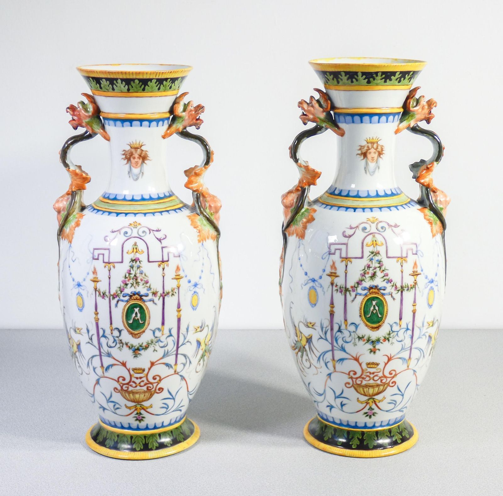Pair Of Painted Ceramic Vases With Grotesques, Carvings On Handles. 1887 photo furniture