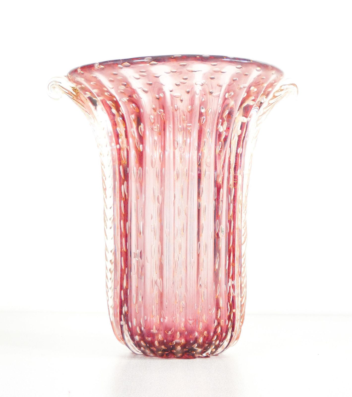 photo for sale Toso Murano Design Vase, Pink Bulb Blown Glass, Corded
