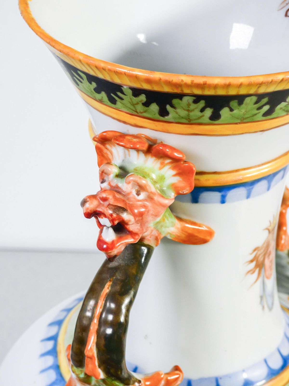 photo furniture Pair Of Painted Ceramic Vases With Grotesques, Carvings On Handles. 1887