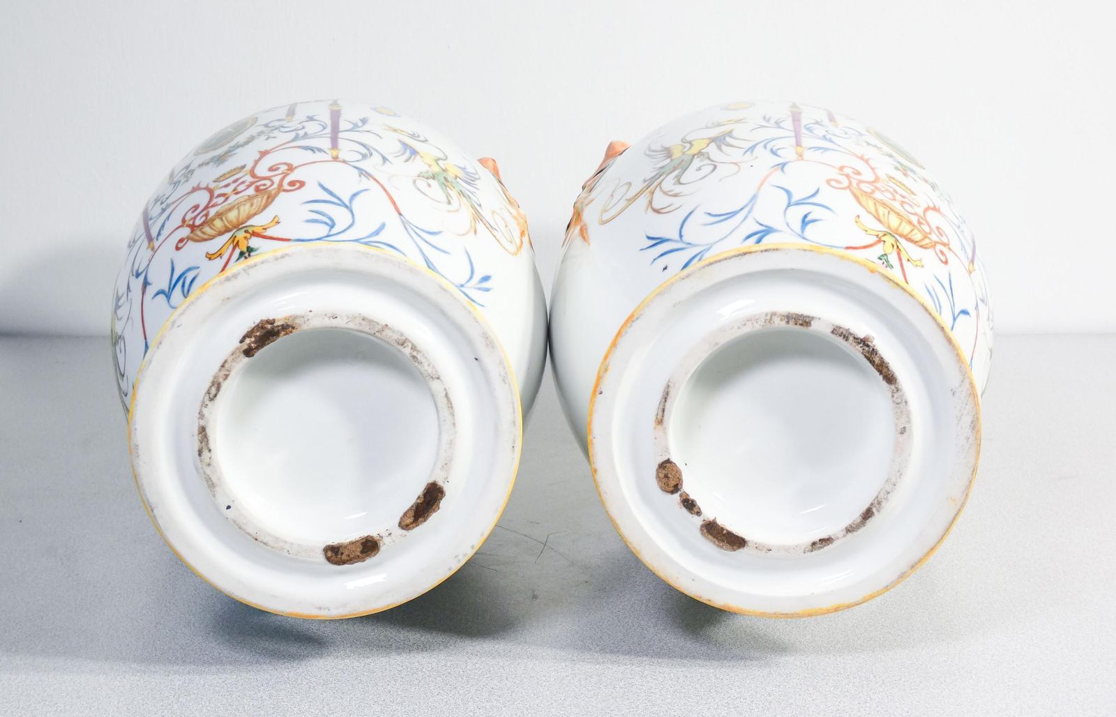 Home Decor Pair Of Painted Ceramic Vases With Grotesques, Carvings On Handles. 1887 photo