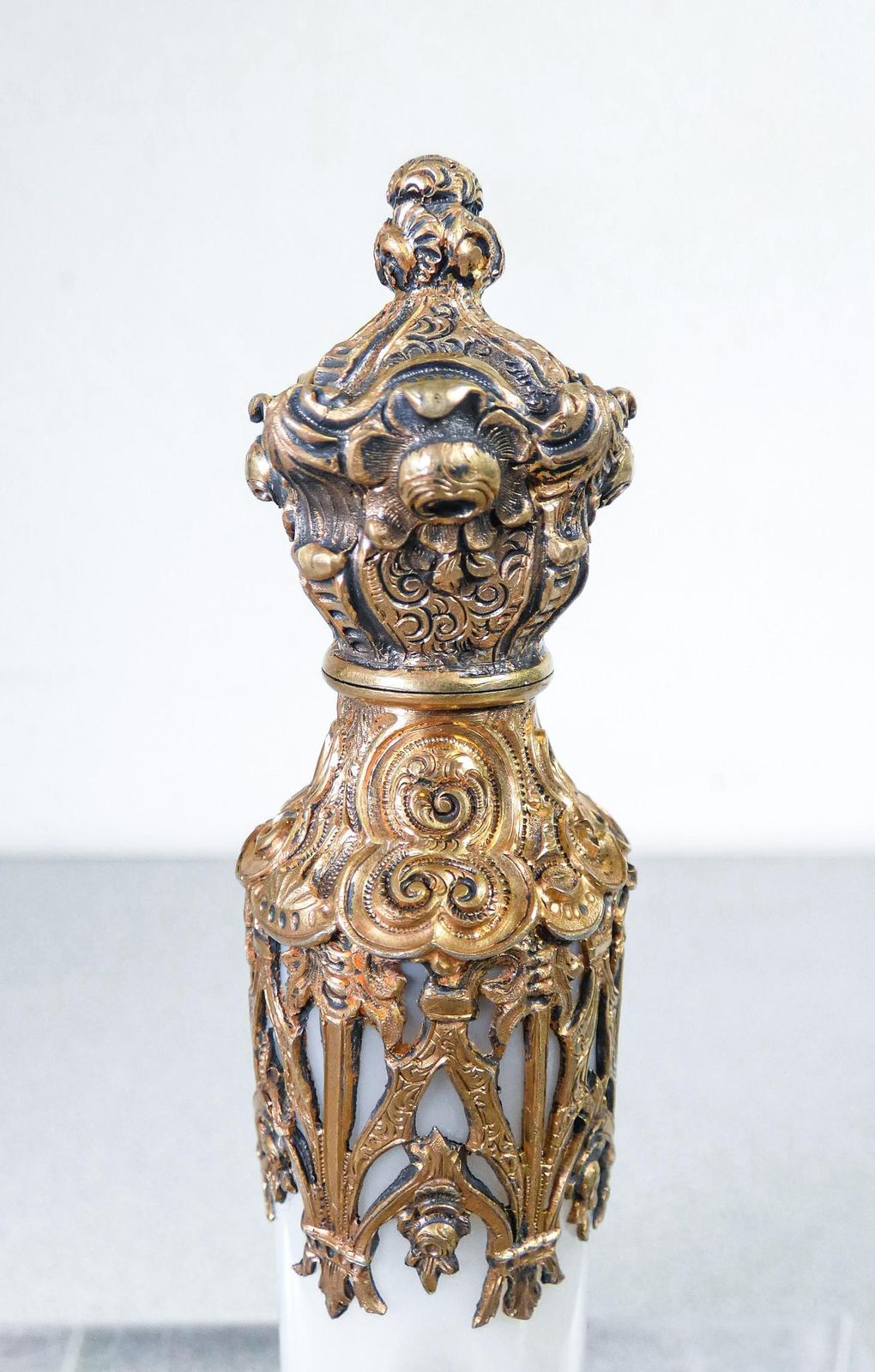 Perfume Holder Vial In Neo Gothic Style, Vermeil Silver, Opaline Glass, 19th C photo buy
