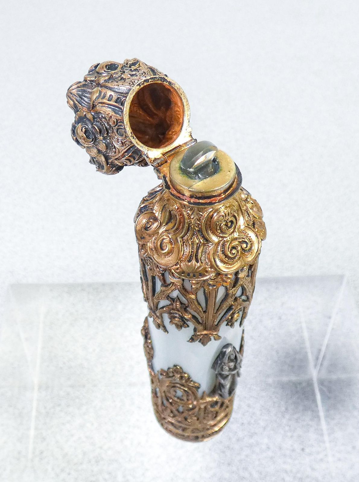 photo furniture Perfume Holder Vial In Neo Gothic Style, Vermeil Silver, Opaline Glass, 19th C
