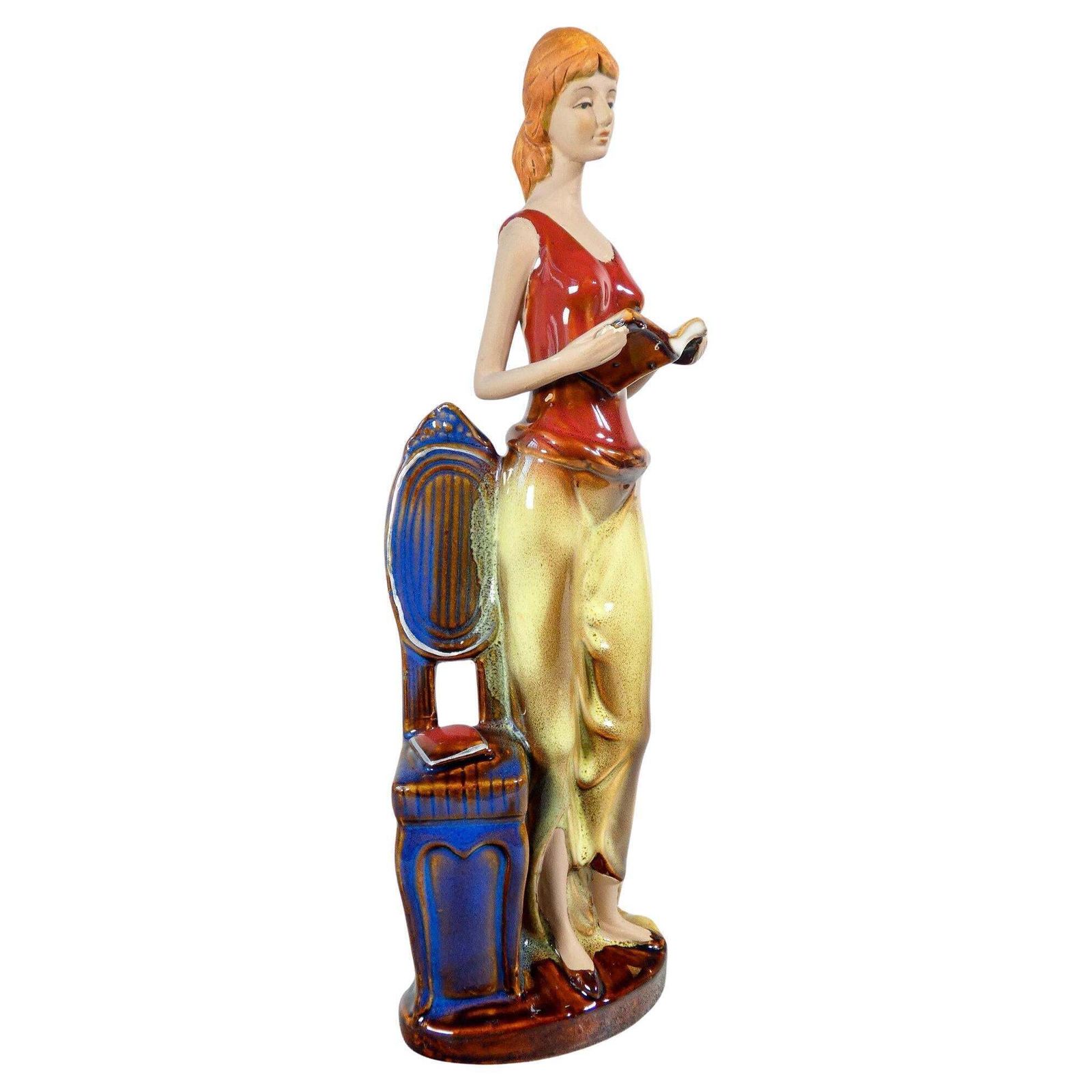 Painted And Glazed Ceramic Sculpture. Woman With Books. Italy