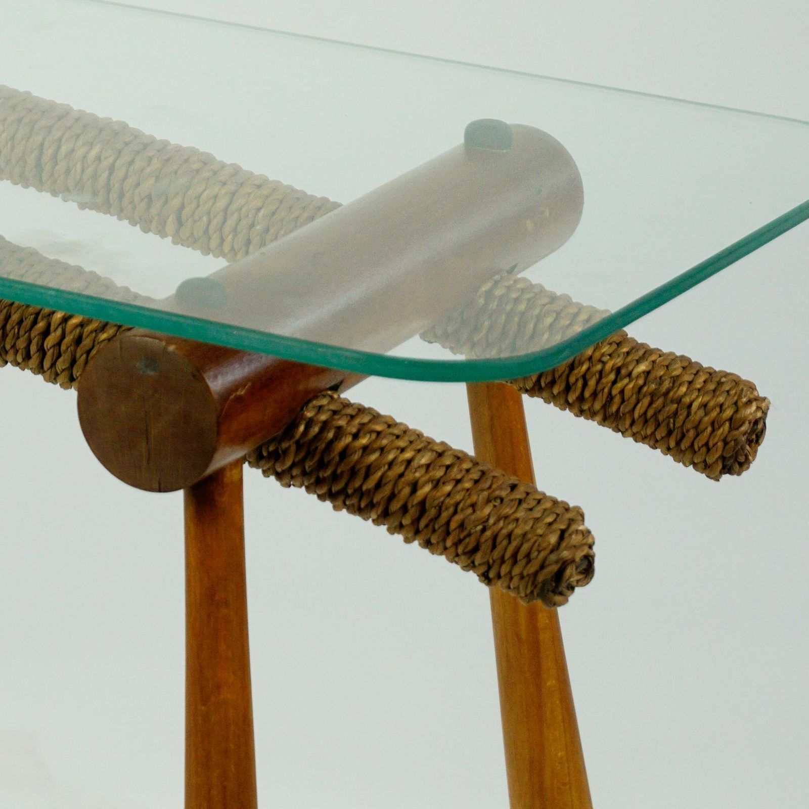 1875.0 Austrian Midcentury Beechwood Side Table With Cord And Glass Top By Max Kment photo