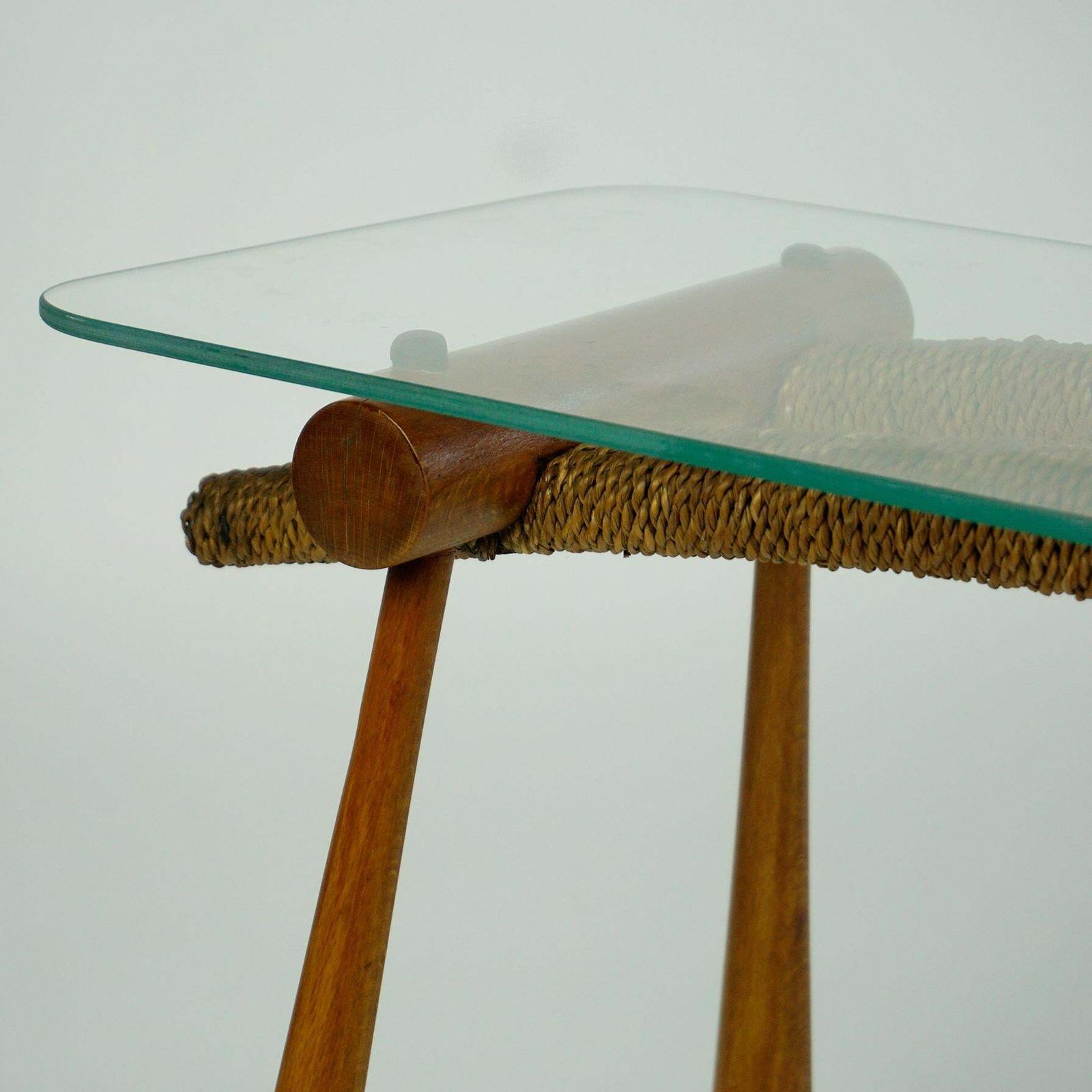 photo vinterior Austrian Midcentury Beechwood Side Table With Cord And Glass Top By Max Kment