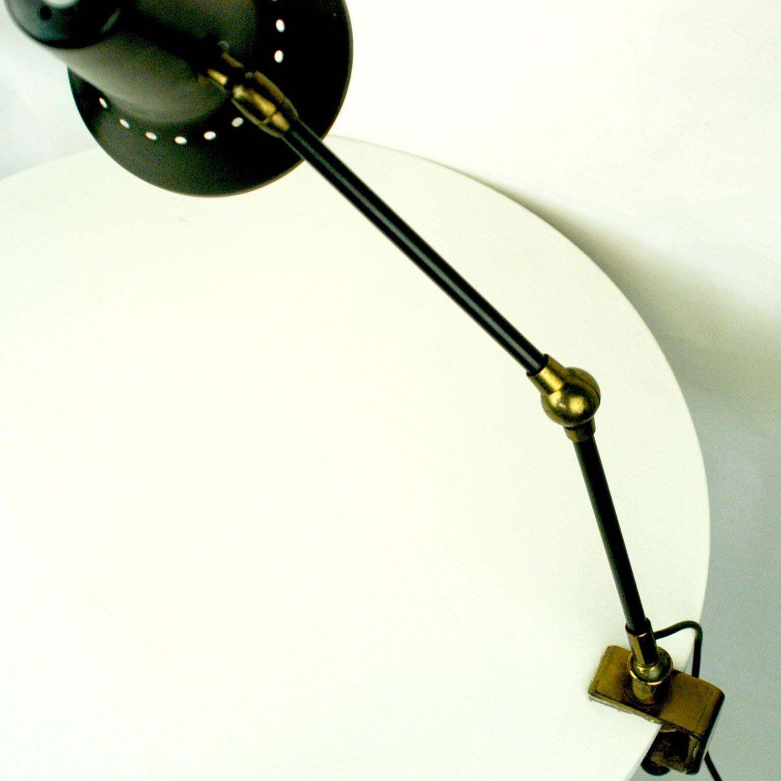 Italian Midcentury Black And Brass Adjustable Clamp Desk Lamp By Stilnovo photo for sale