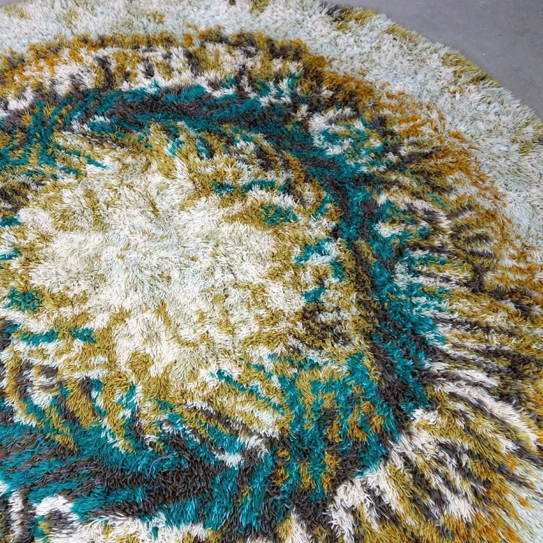 Vintage Circular Beige, Brown And Turquoise Wool Rya Rug photo buy