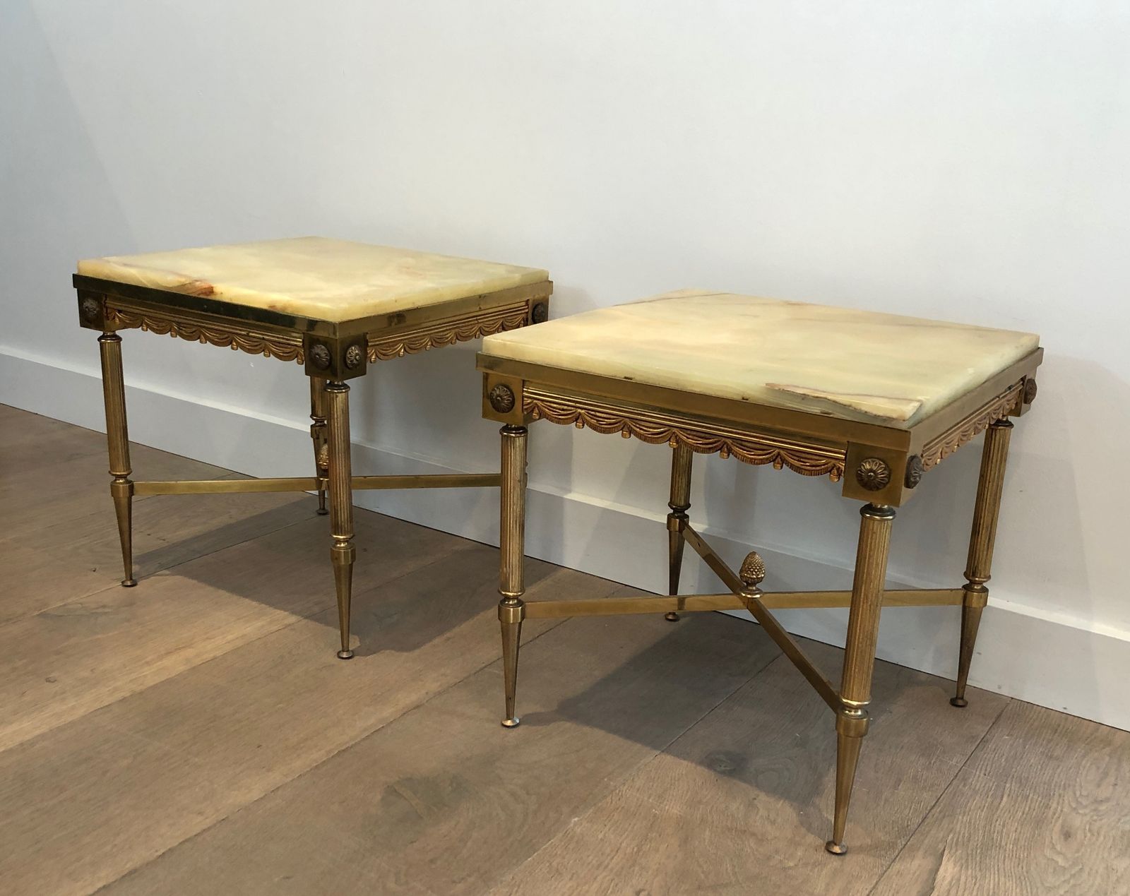 Pair Of Neoclassical Style Square End Tables In Brass And Onyx Top In The Style Of Maison Jansen photo for sale