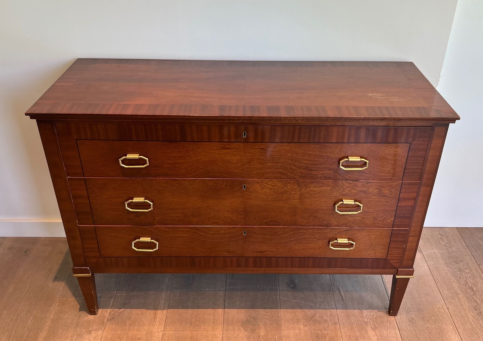Neoclassical Chest Of Drawers In Mahogany Veneer And Brass By De Coene Frères photo furniture