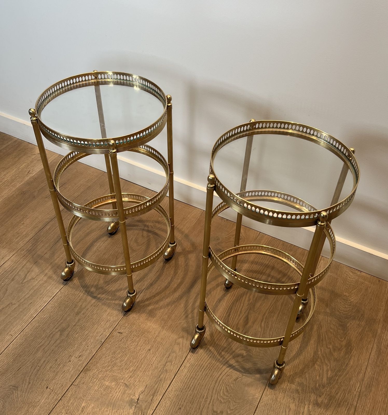 Pair Of Round Rolling Tables With Removable Top Trays From Maison Jansen photo for sale