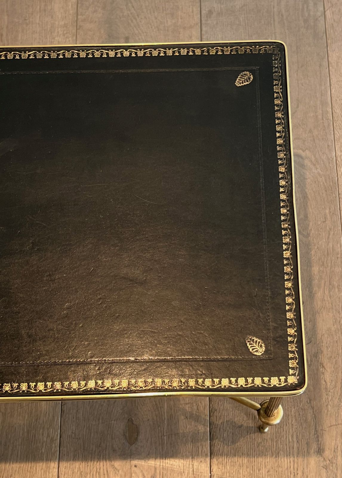 Neoclassical Style Brass Coffee Table With Black Leather Top And Gold Trim From Maison Jansen photo vintage