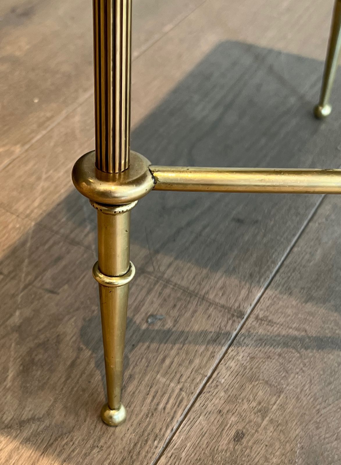 photo for sale Neoclassical Style Brass Coffee Table With Black Leather Top And Gold Trim From Maison Jansen