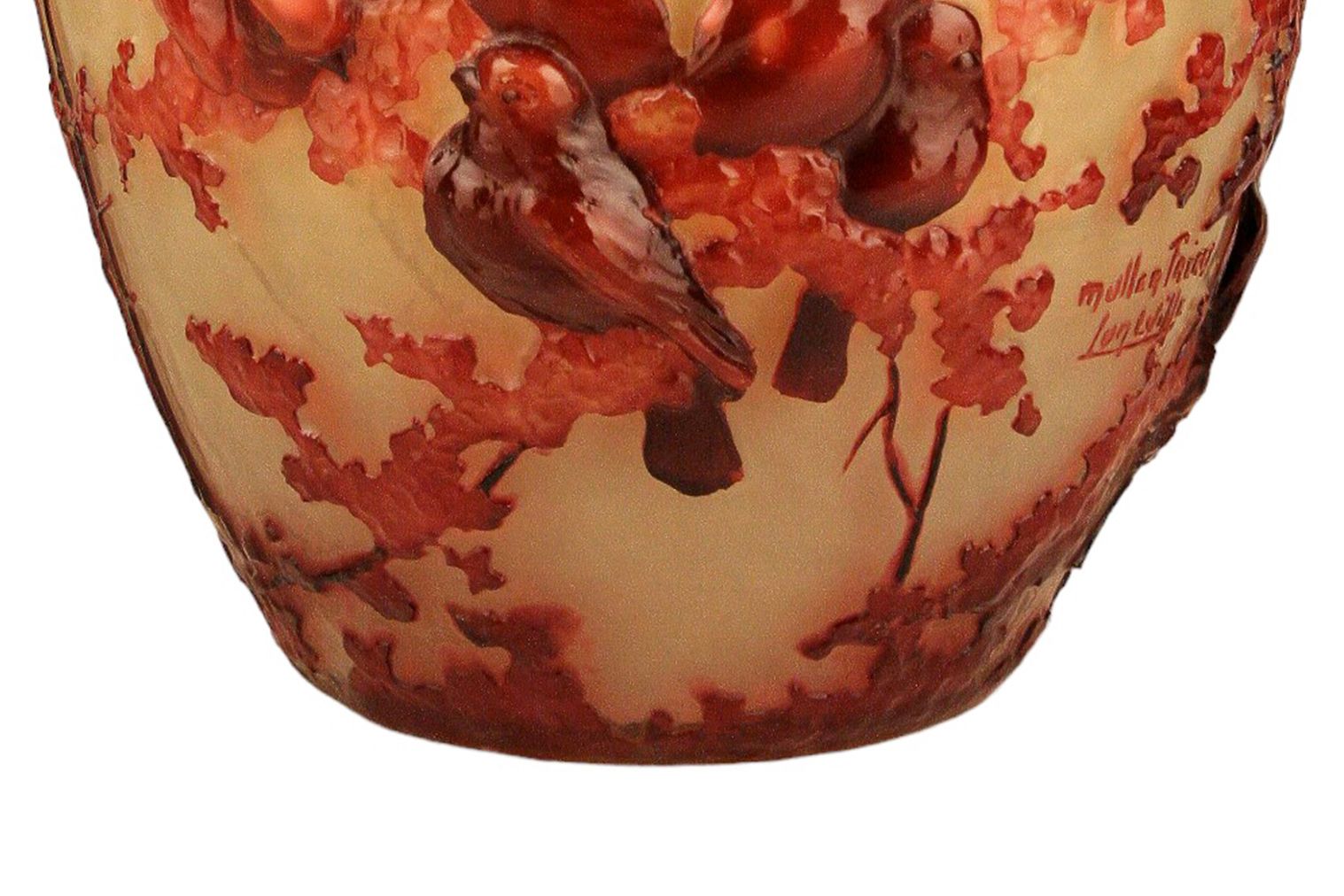 1900s Art Nouveau Bulbous Frosted Soufflé Glass Vase With Trees And Birds By Muller Frères Lunéville, France photo vintage