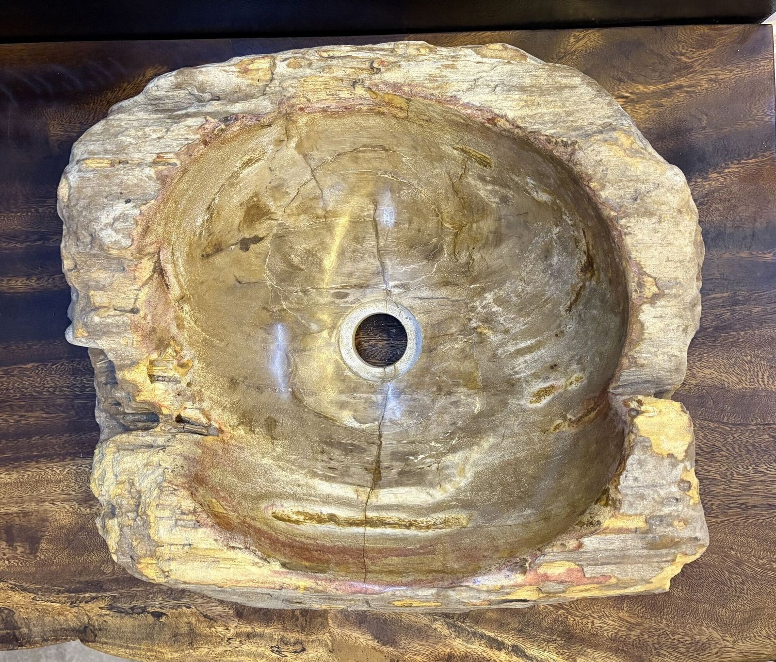 Modern Organic Petrified Wood Single Sink, Grey/ Brown & Yellow Tones, Idn 2024 photo Home Decor