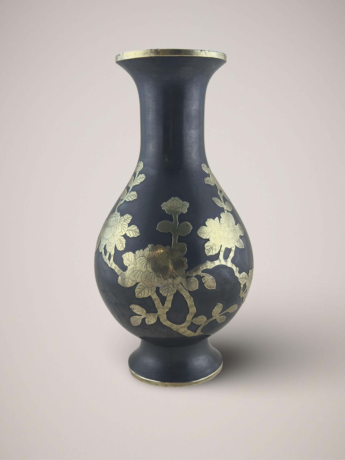 Chinese Metal Baluster Vase, Brass Overlay, Prunus C.1960s photo furniture