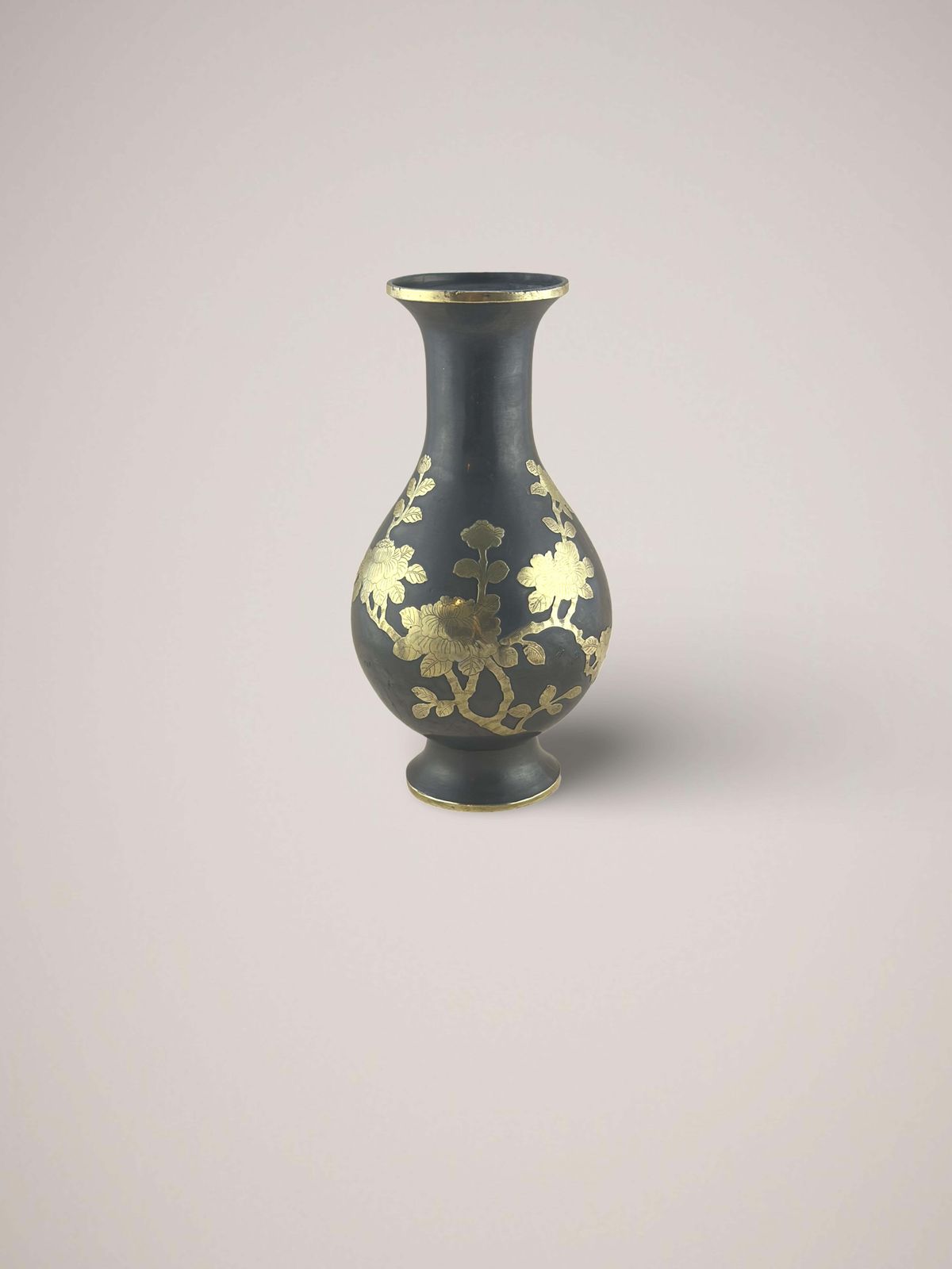 Chinese Metal Baluster Vase, Brass Overlay, Prunus C.1960s photo for sale