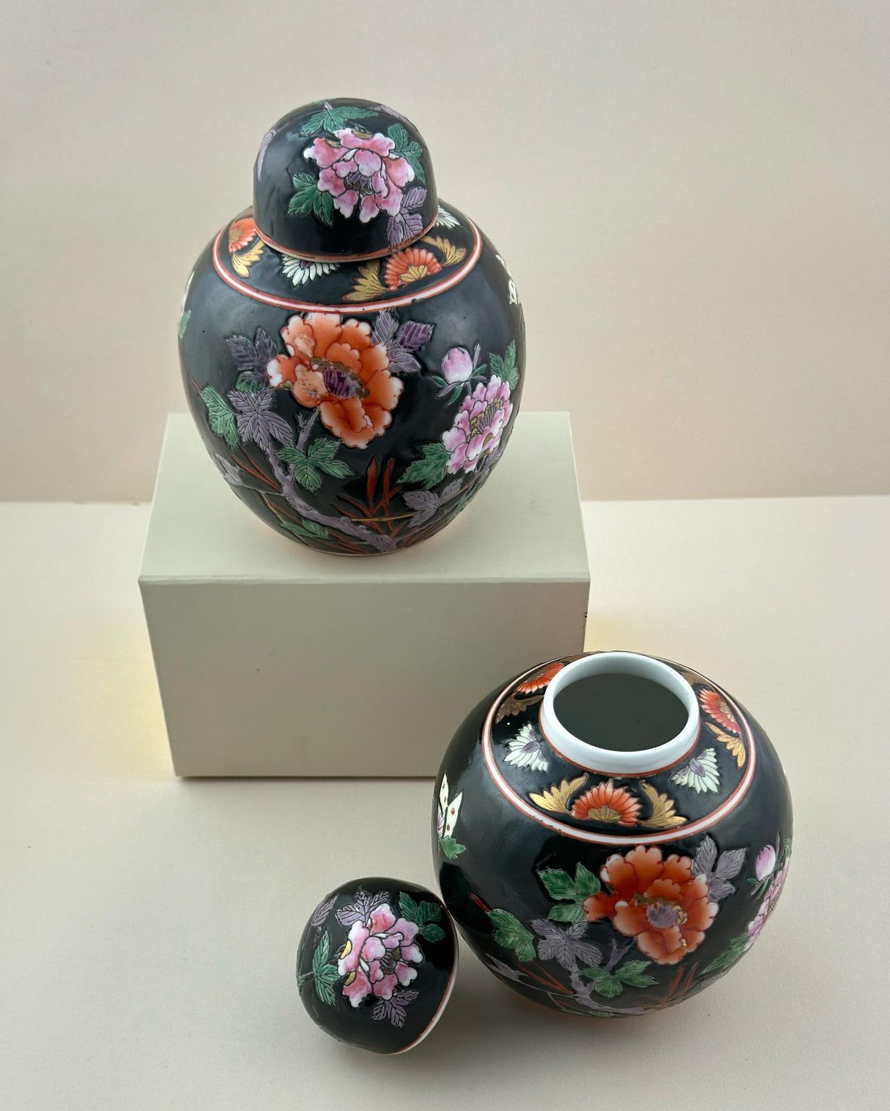 Pair Of Chinese Ginger Jars, Famille Noire Style, Peony Design, C. 1960s photo for sale