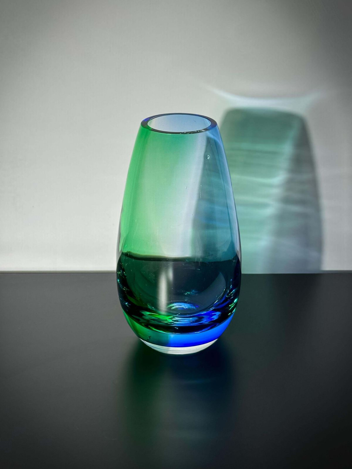 1990's Teardrop Vase, In Blue And Green Art Glass, Aurora Borealis Style photo furniture