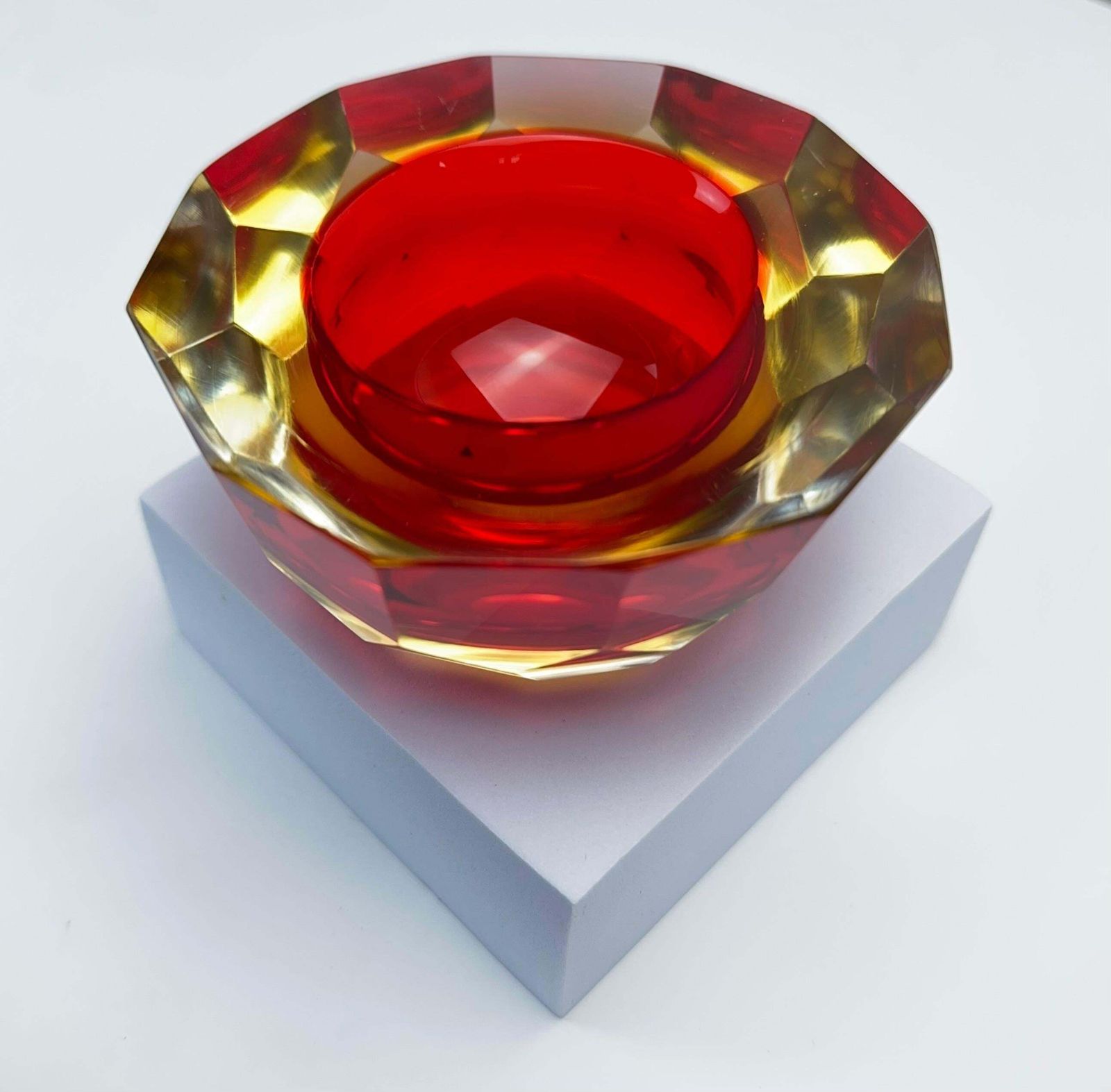 Murano Glass Red And Yellow Faceted Sommerso Geode Bowl photo for sale
