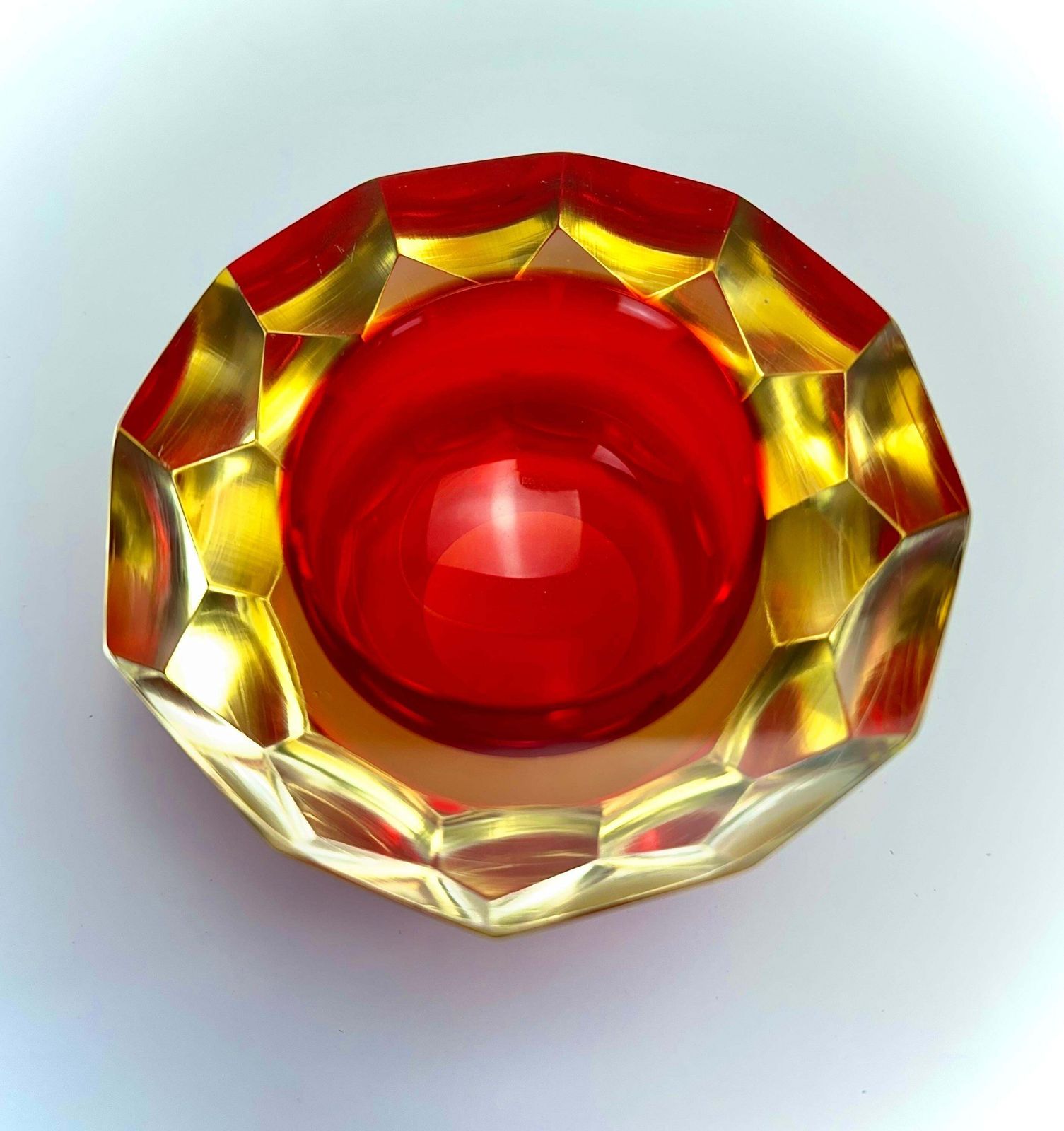 Murano Glass Red And Yellow Faceted Sommerso Geode Bowl photo vinterior