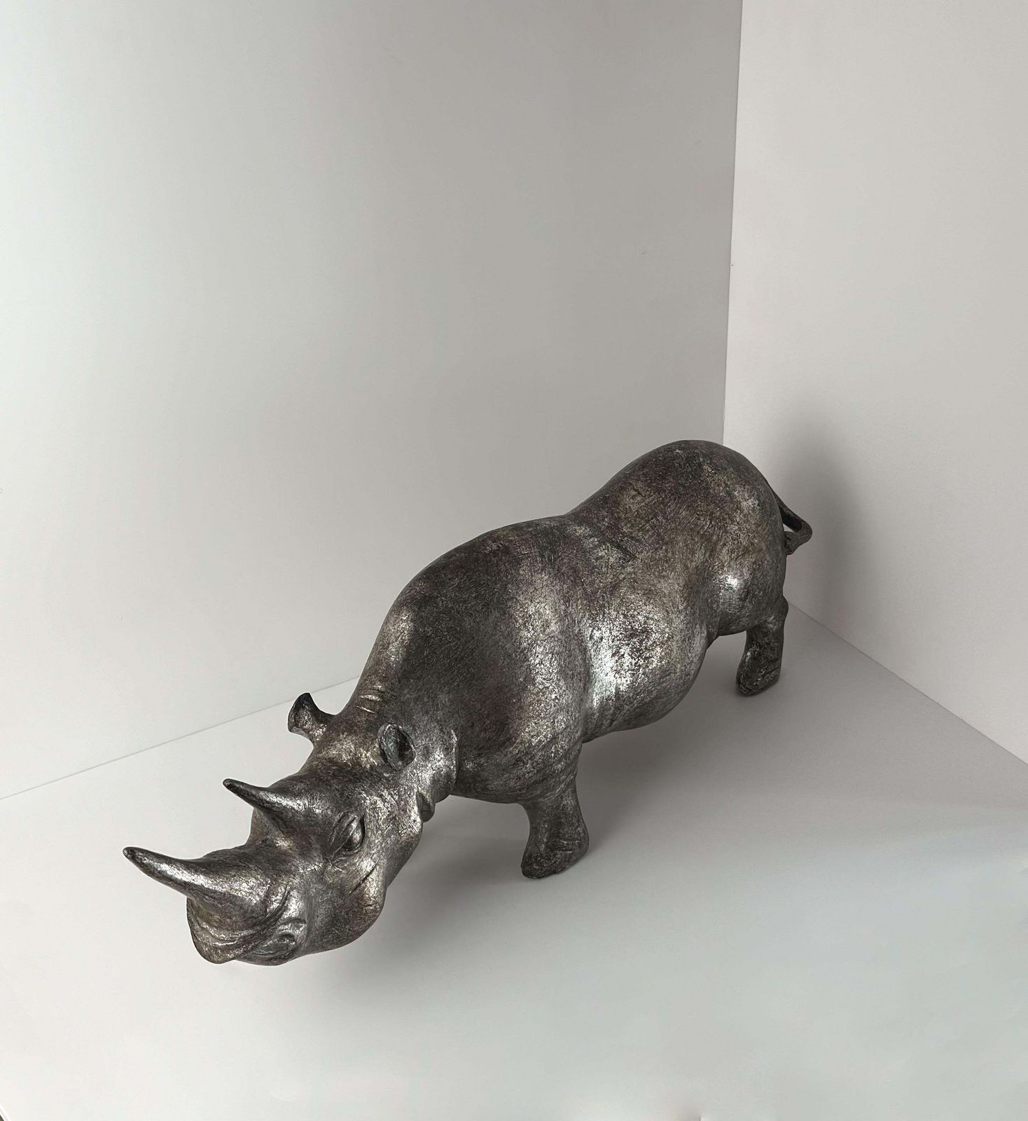 Decorative Rhino Sculpture, Platinum Toned Metallic Finish C 1980s photo for sale