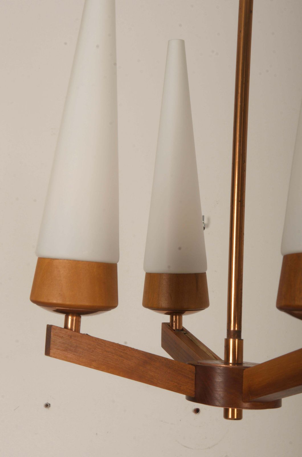 Mid Century Walnut Brass Copper Chandelier By Rupert Nikoll photo vinterior
