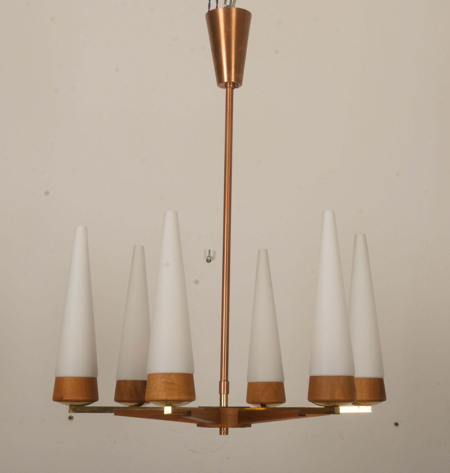 Mid Century Walnut Brass Copper Chandelier By Rupert Nikoll photo furniture