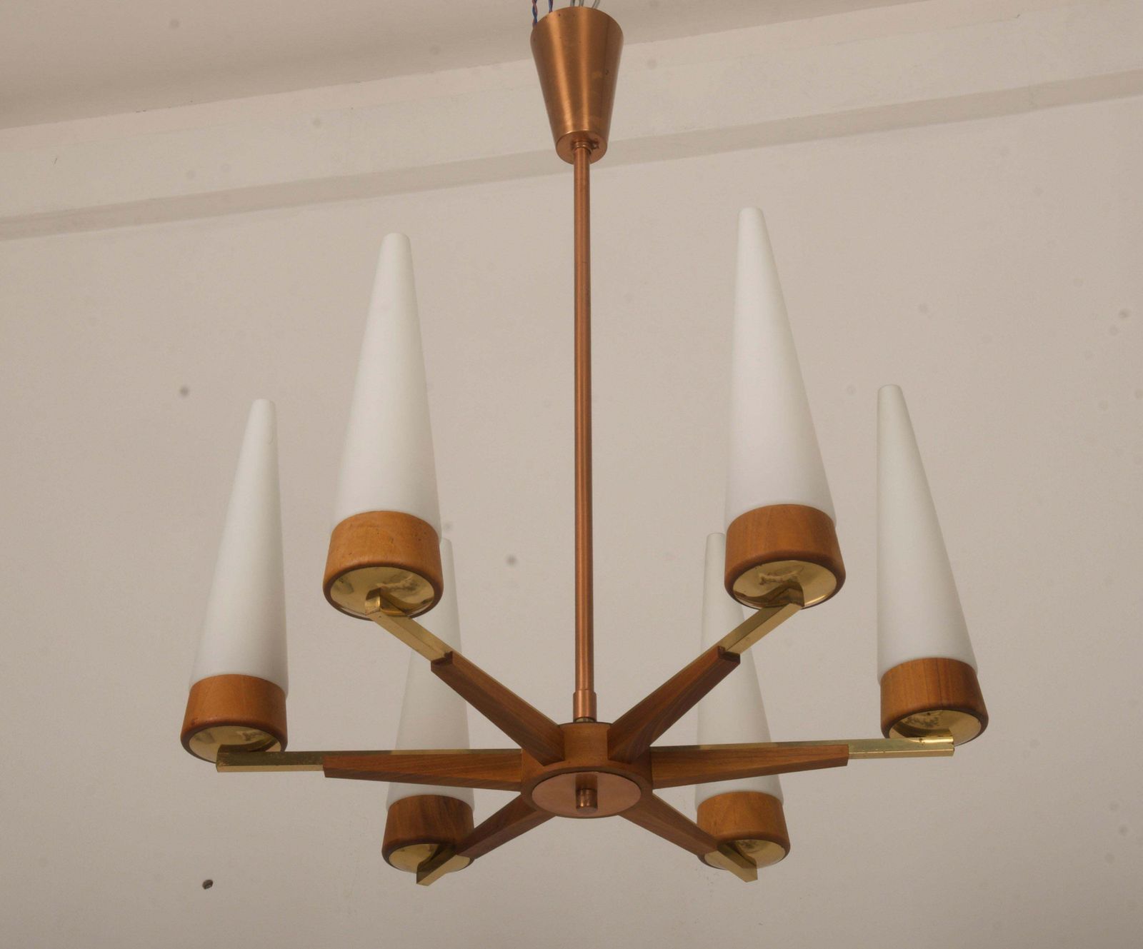 Mid Century Walnut Brass Copper Chandelier By Rupert Nikoll photo Lighting