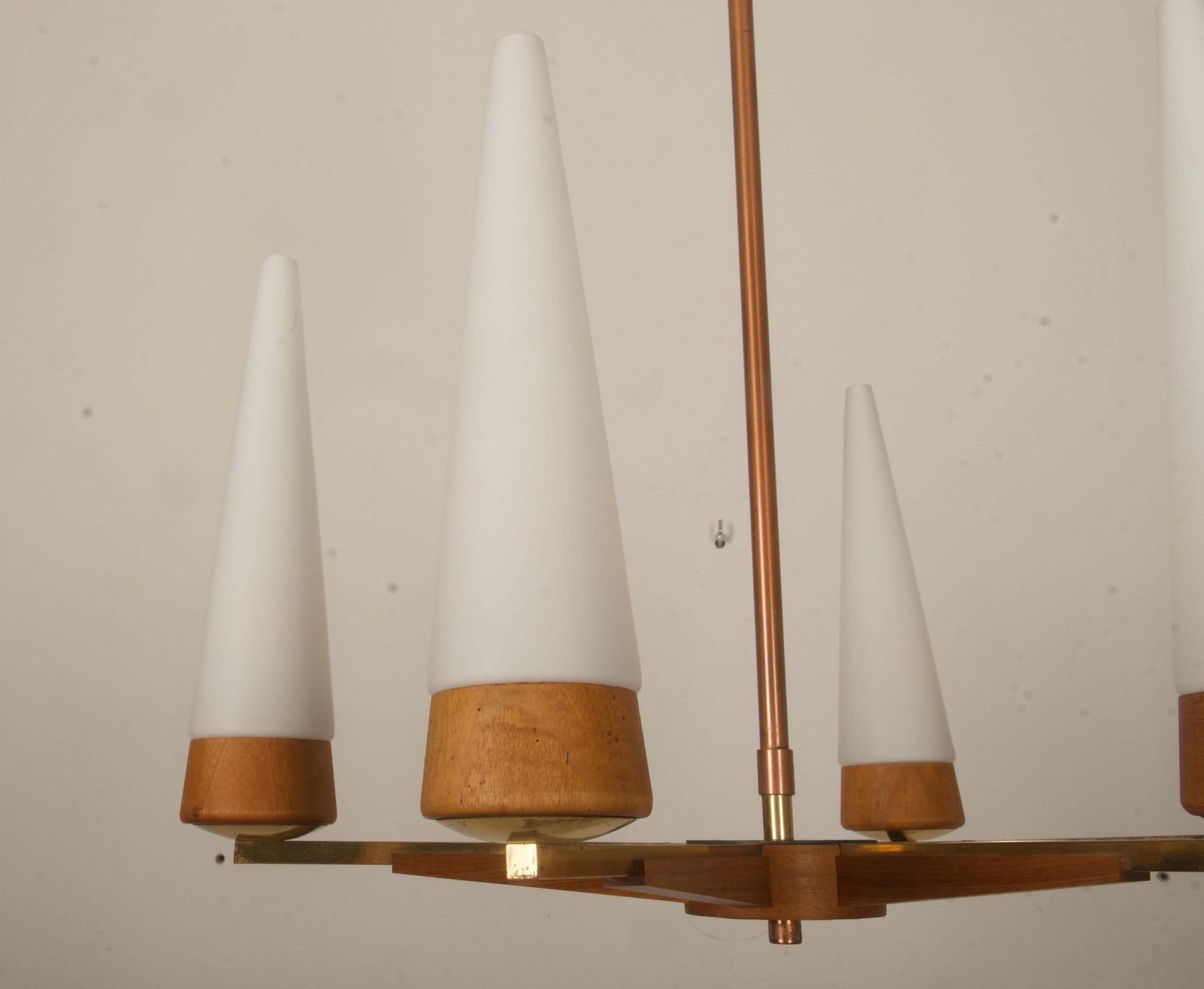 Mid Century Walnut Brass Copper Chandelier By Rupert Nikoll photo vinterior