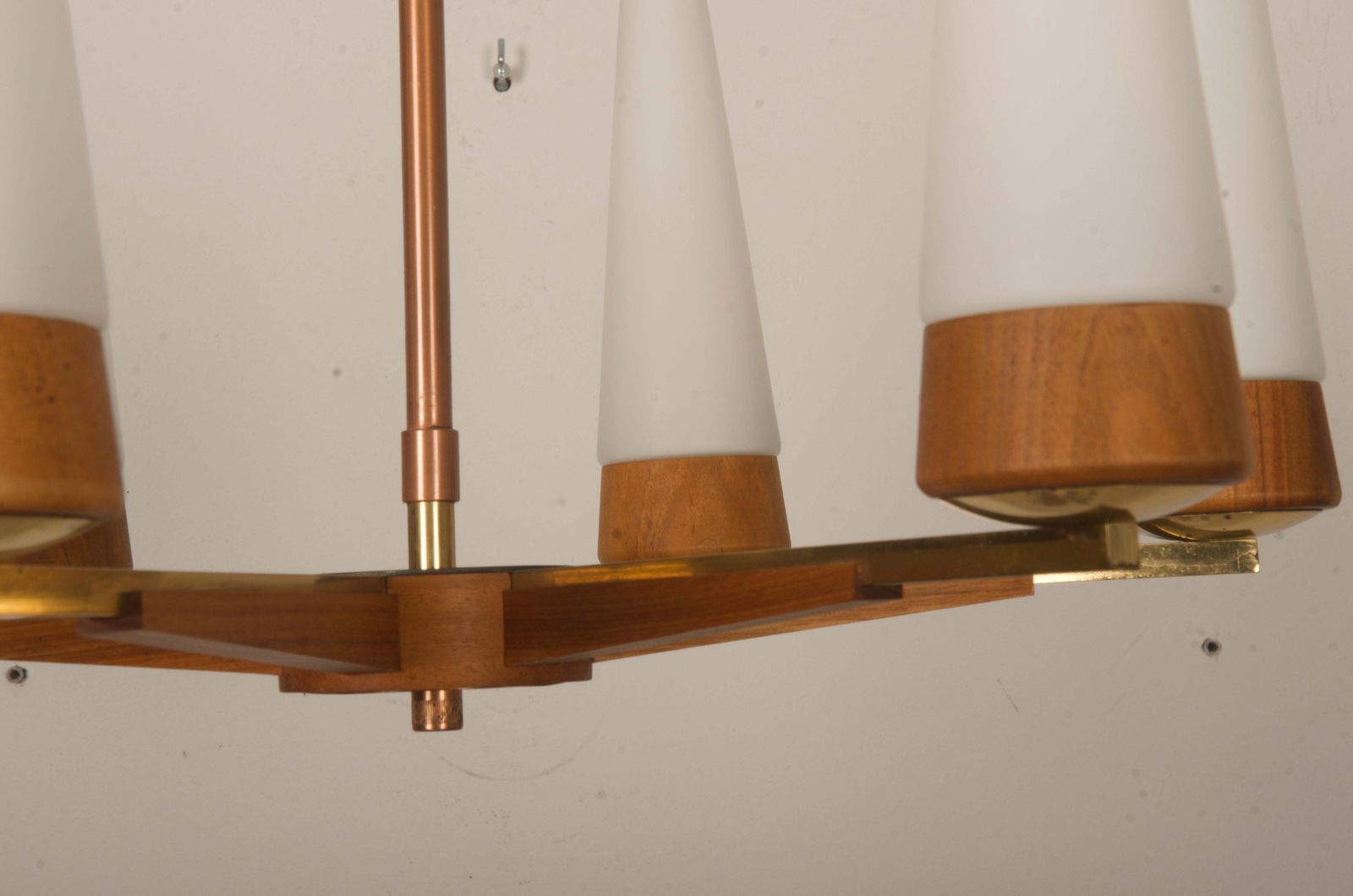 photo for sale Mid Century Walnut Brass Copper Chandelier By Rupert Nikoll