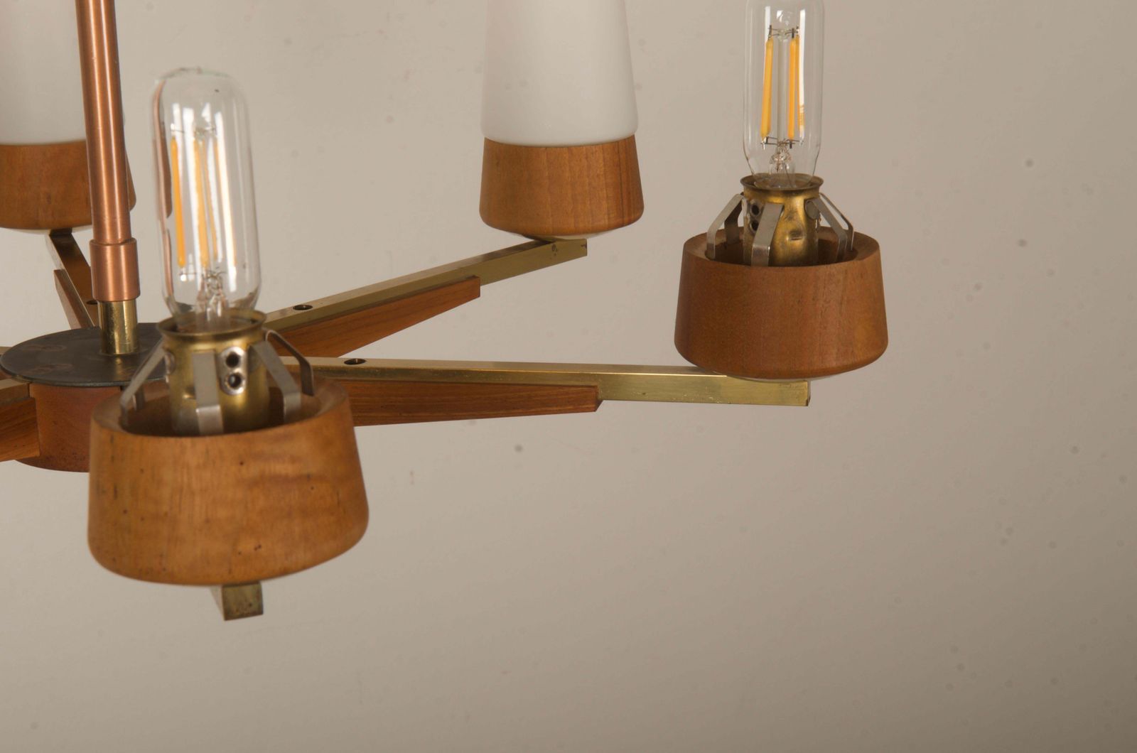 Lighting Mid Century Walnut Brass Copper Chandelier By Rupert Nikoll photo