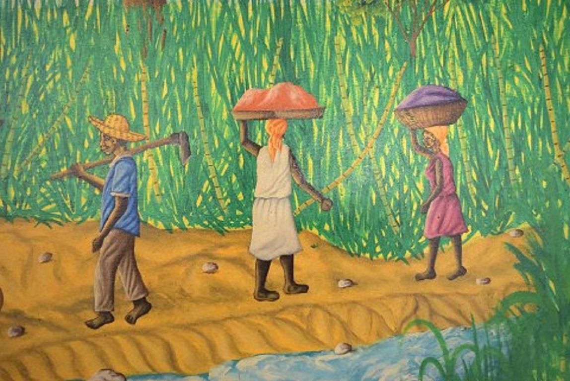 Emile, Haitian Artist, Naivist School, Oil On Canvas, 1970s, Local Workers photo for sale